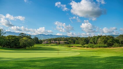 Fototapeta premium Golf course under a picturesque sky, focus on leisure and recreation