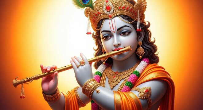 Lord krishna playing his flute with divine glow