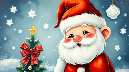 Classic Oil Painting of Cute Santa Claus Cartoon &ndash; Adorable Christmas Scene with Rich Textures and Visible Brushstrokes
