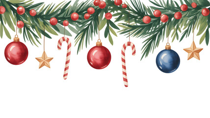 Christmas garland with ornaments, candy canes, and stars isolated on transparent background