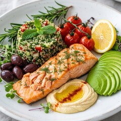 Healthy Salmon Dinner Plate with Quinoa Tabbouleh and Hummus.