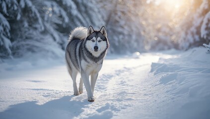 Naklejka premium Husky dog trotting through a snowy woodland, showcasing the beauty of winter exploration