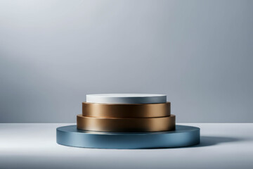 Three-tier cylindrical podium with blue, bronze, and white metallic finish. Minimalistic studio backdrop with soft lighting for product presentations.