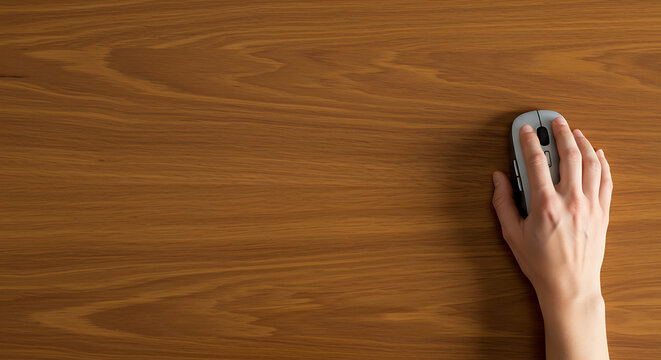 Photo of a hand holding a wireless computer mouse on a brown wooden desk background, technology, closeup