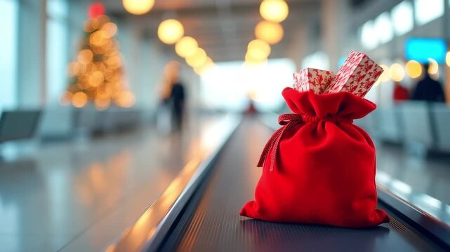 Red Christmas gift bag placed on conveyor belt in festive airport terminal, camera smoothly zooms in to highlight details and ambiance of holiday travel