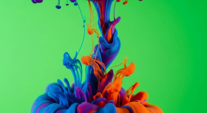 Vibrant blue and orange ink merging in water isolated on a green background. Abstract liquid colors mixing effect for chromakey.