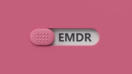 The text EMDR word Eye Movement Desensitization is written on notepad . Medical concept.close up of slide switch spelling,Business Concept.3D rendering.