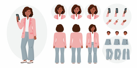 Businesswoman character design kit with multiple poses and clothing options