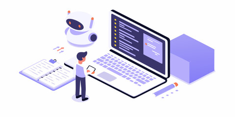 Person working with a laptop and robot in a modern isometric workspace with open book and cube