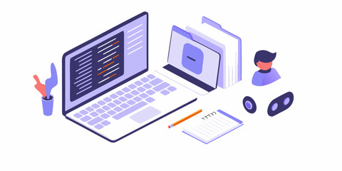 Isometric illustration of a laptop with coding on screen files notebook pencil and a stylized person and robot