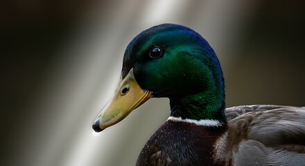Close-up profile of a male mallard duck, exhibiting iridescent green head plumage and yellow beak
