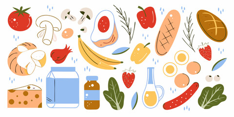 A vibrant and colorful collection of fresh food items and ingredients arranged in a playful flat design style