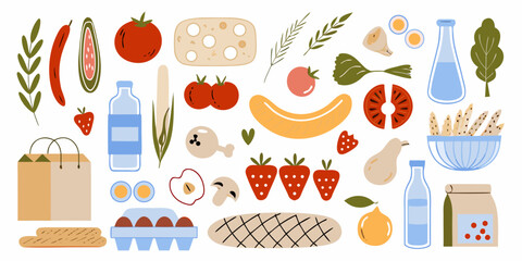 A colorful flat illustration of various food items and groceries arranged in a playful pattern