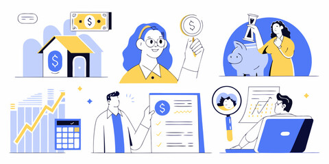 Financial planning and investment concepts illustrated with people analyzing data and managing money