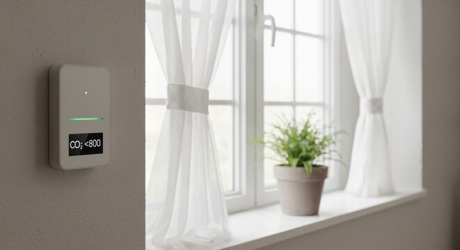 A wall-mounted CO2 monitor reading <800 ppm next to a bright window with white curtains and a potted plant on the windowsill
