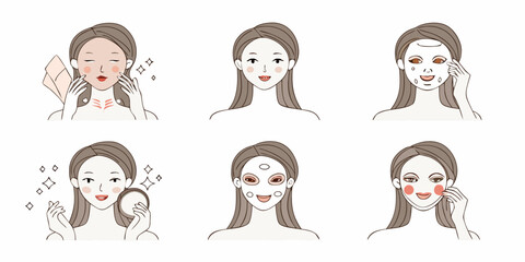 Woman s skincare routine steps including cleansing masking and makeup application
