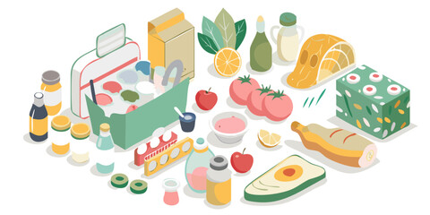 Isometric collection of fresh food items and kitchen essentials arranged on a black background