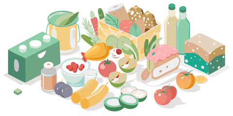 A vibrant isometric illustration of fresh produce and food items arranged in a delightful composition