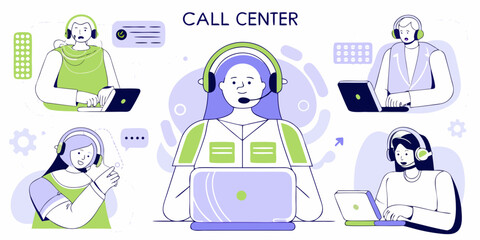 Diverse team of call center agents wearing headsets and working on laptops providing customer support