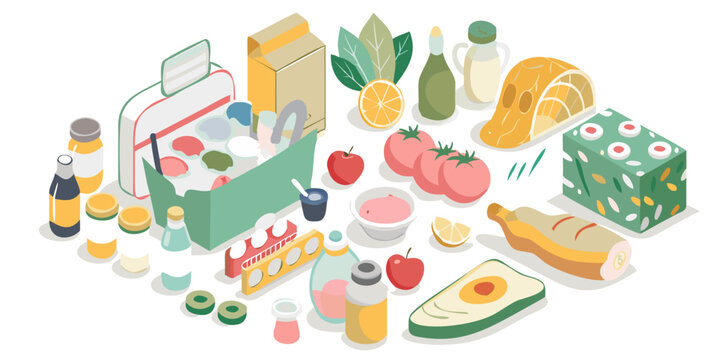 Isometric collection of fresh food items and kitchen essentials arranged on a black background