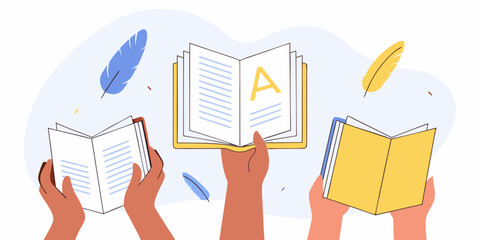 Diverse hands holding open books with feathers floating around symbolizing knowledge and learning