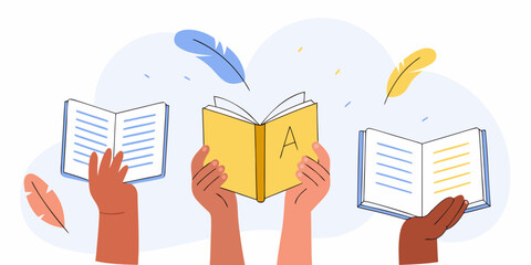 Diverse hands hold open books with feathers floating around symbolizing learning and knowledge