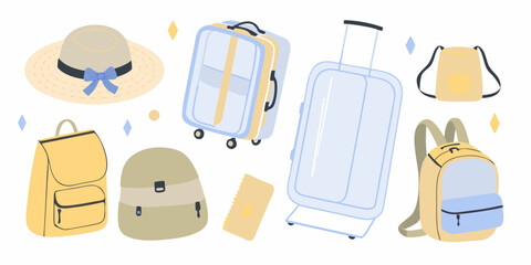 Collection of travel essentials including luggage backpacks a hat and passport for vacation and adventure