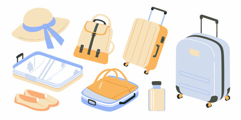 Collection of travel essentials including suitcases backpacks hat shoes and a toiletry bag on a white background