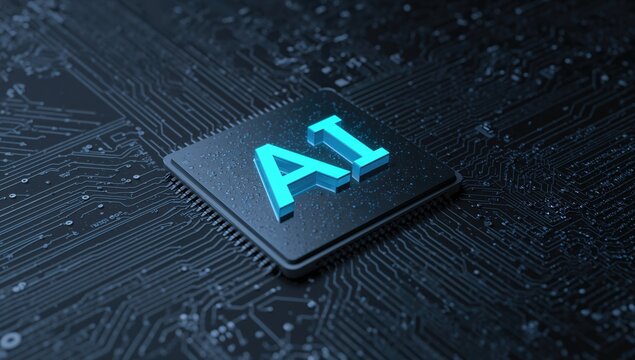 3D illustration of luminous blue AI text on a computer chip, showcasing technology integration,