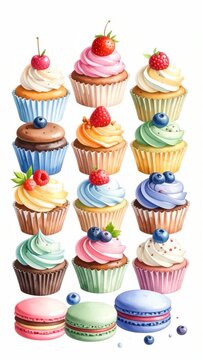 Watercolor assortment of colorful cupcakes and macarons, delicious treats, pastel tones, decorative baked desserts, sweets for celebration