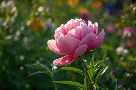 Beautiful pink peony blooming in a lush garden