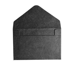 Open empty black textured craft paper envelope mock up a isolated transparent background, for communication your ready message