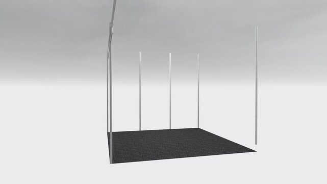 3D animation of exhibition booth 3x3 m phasing build-up. Modern trade show booth setup visualization showing frame, wall panels, and lighting structure in clean environment.