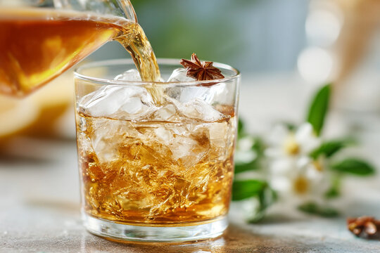 A close-up of Lebanese 'arak' (anise-flavored spirit) being poured over ice, creating a cloudy swirl, a classic beverage ritual.