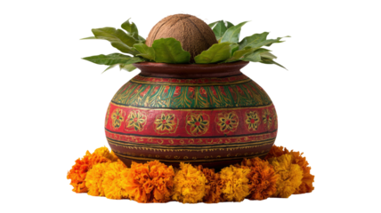 Traditional decorated kalash with coconut, mango leaves and marigold flowers used in Indian festival isolated on white background