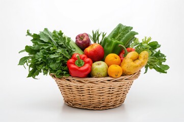 Fototapeta premium Assortment of organic fruits and vegetables arranged in a woven basket against a white background