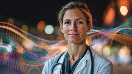 Portrait of compassionate healthcare and professionalism. Network connectivity. Health professional depicted with a stethoscope and reassuring smile. Digital signals. Connected devices.