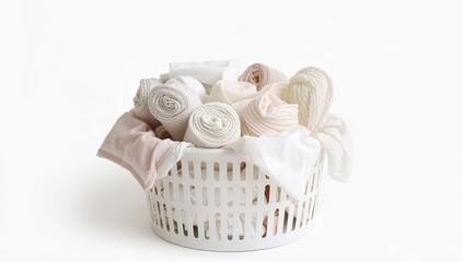 Clothes placed in a plastic laundry basket on a plain backdrop, laundry organization
