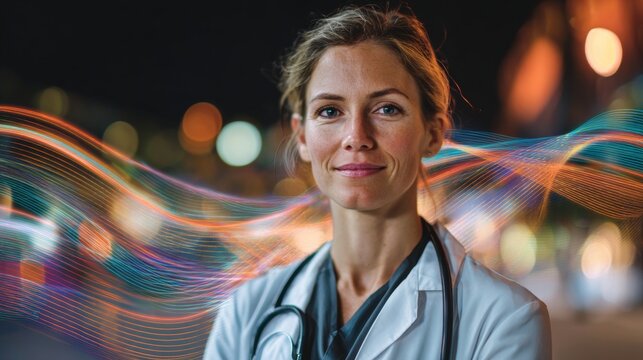 Portrait of compassionate healthcare and professionalism. Network connectivity. Health professional depicted with a stethoscope and reassuring smile. Digital signals. Connected devices.
