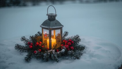 Christmas lantern with evergreen branch and red berries on snowy surface, winter decoration