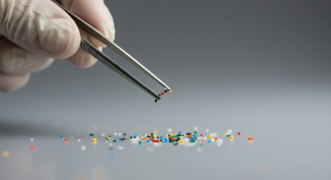 Close-up of gloved hand holding tweezers, scattered colorful microplastics on a reflective surface