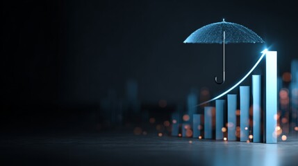 Guarding the digital frontier: a visual ode to cybersecurity. Revenue increase. Subtle cyber protection: laptop under a glowing umbrella representation. Revenue forecast. Investment growth.