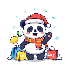 A cheerful panda wearing a Santa hat and scarf, holding shopping bags with sale signs, and a lemon. © DediGalihWisnumurti
