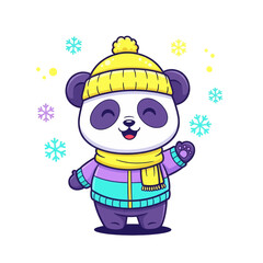 Cute cartoon panda wearing a yellow winter hat and scarf, waving happily amidst colorful snowflakes. © DediGalihWisnumurti