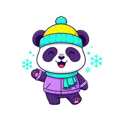 A cheerful cartoon panda wearing winter clothes, waving hello with snowflakes around.