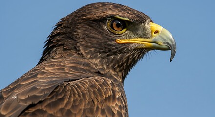 Close-up profile of a raptor with sharp, curved beak, intense gaze, and intricate feather details