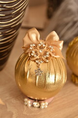 Handmade Christmas tree ornaments, gold bauble with crystals
