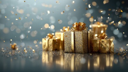 Sparkling gold gift boxes with festive decorations and shimmering confetti on a reflective surface, perfect for celebrations