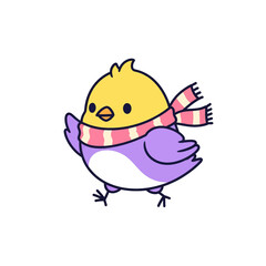 Cartoon bird with yellow head, purple body, white belly, and a pink striped scarf.