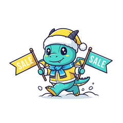 A cute cartoon dragon wearing a Santa hat and scarf, holding two sale flags in the snow.